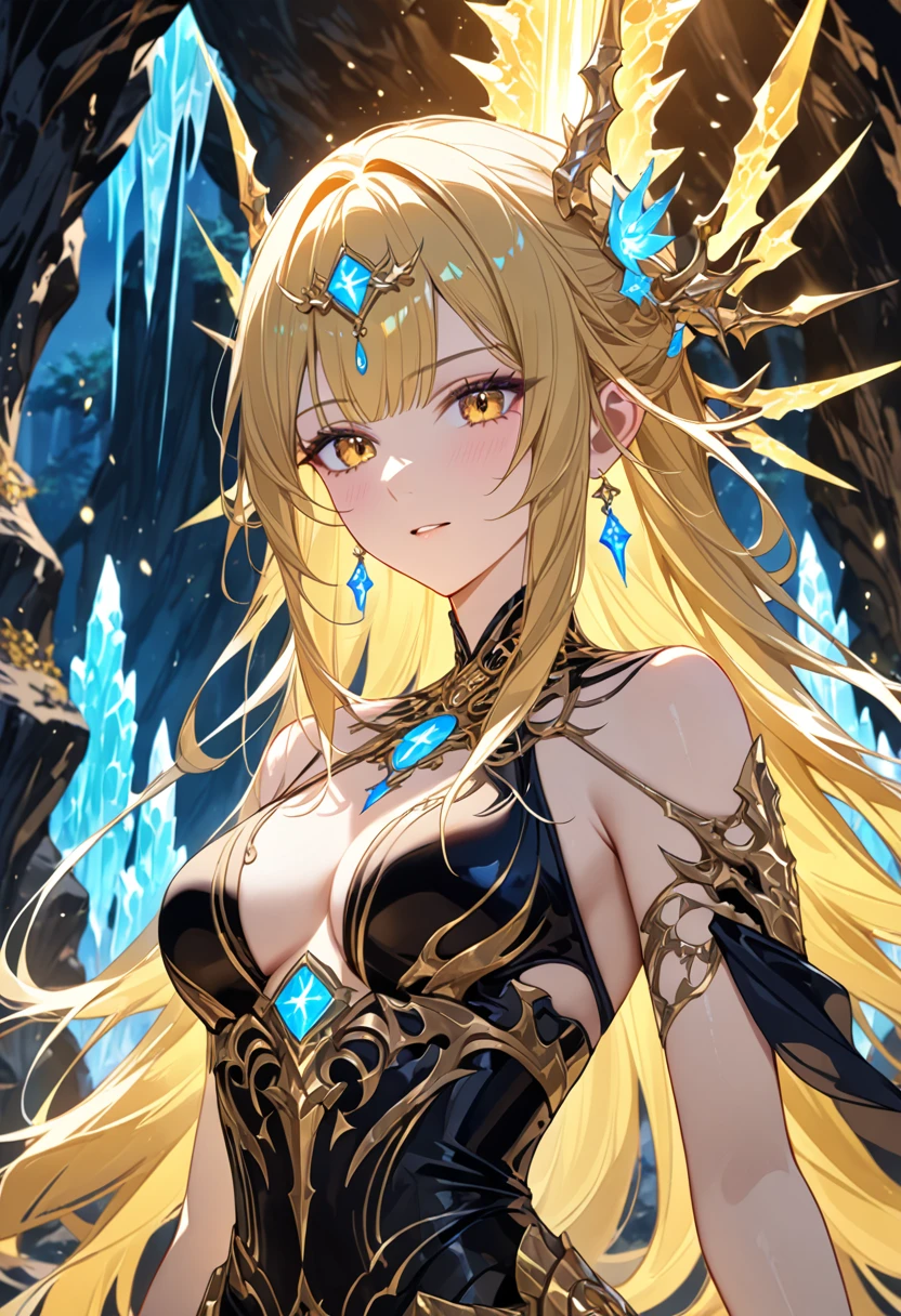 glowing gold color, 1girl,half body close up,cave with stalactite,many glowing sword on the ground piercing to the sky,style_ethereal_fantasy, visual appealing, synced,chaos,(ethereal hair accessories),(perfect anatomy,high quality,4K UHD),intricate character design, mystical