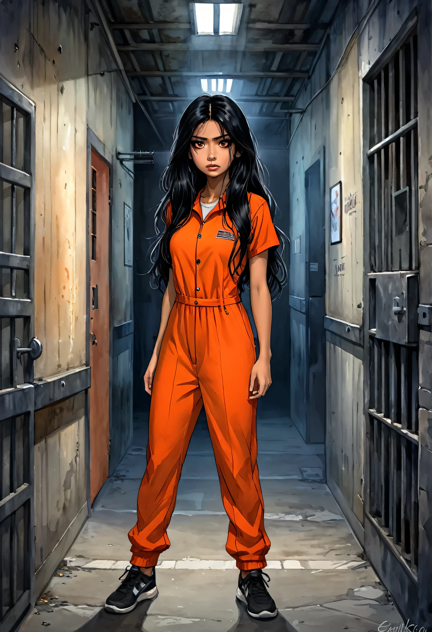 Masterpiece, ultra detailed, illustration, solo, 1girl, jenna_ortega_v4, Latina, long hair, black hair, thin and athletic, black eyes, wearing orange jumpsuit, art by Enki Bilal, watercolor, DeviantArt, high resolution, cellblock_v1, standing, afraid, night, dark, old néon, grunge, close-up portrait 