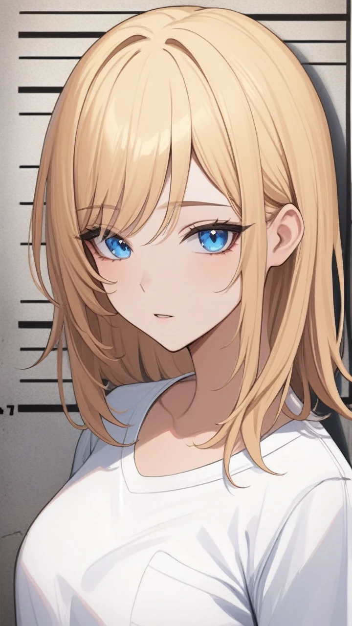 masterpiece, best quality, 1girl, blonde hair, blue eyes, natural skin, white shirt, mugshot, wall background, detailed eyes, detailed facial features, and high resolution (best quality, highres, masterpiece:1.2)