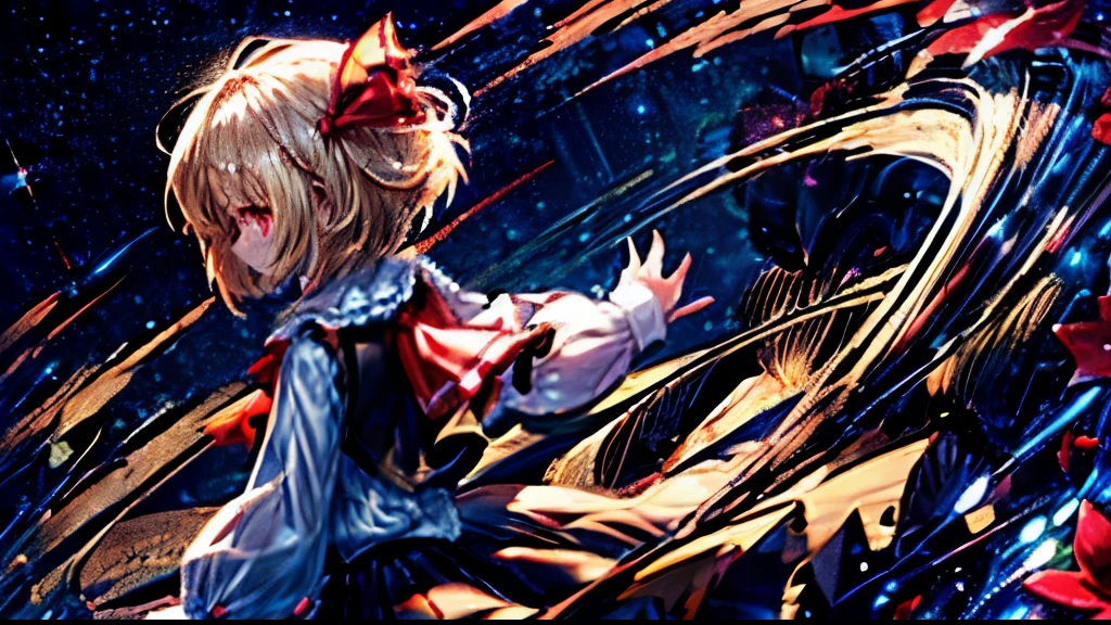 rumia, rumia, blonde hair, red eyes, hair ribbon, black vest, white shirt, long sleeves, black skirt, red ascot, sparkle, star \(symbol\), from side, cowboy shot, look up, looking away, arms behind back, walking, flower field, colorful flower, blue sky, 