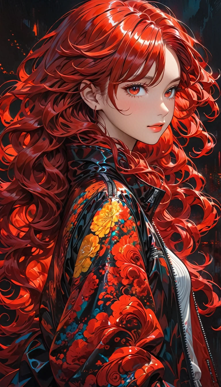 The image features a drawn character with long, wavy hair that has a striking red hue. The hair cascades down in voluminous, intricate curls. The character appears to be wearing a black, glossy material jacket with a zipper down the front, creating a contrast with the vibrant hair color. The background is dark, which further highlights the illuminated red hair. The overall mood of the image is dramatic and visually captivating.