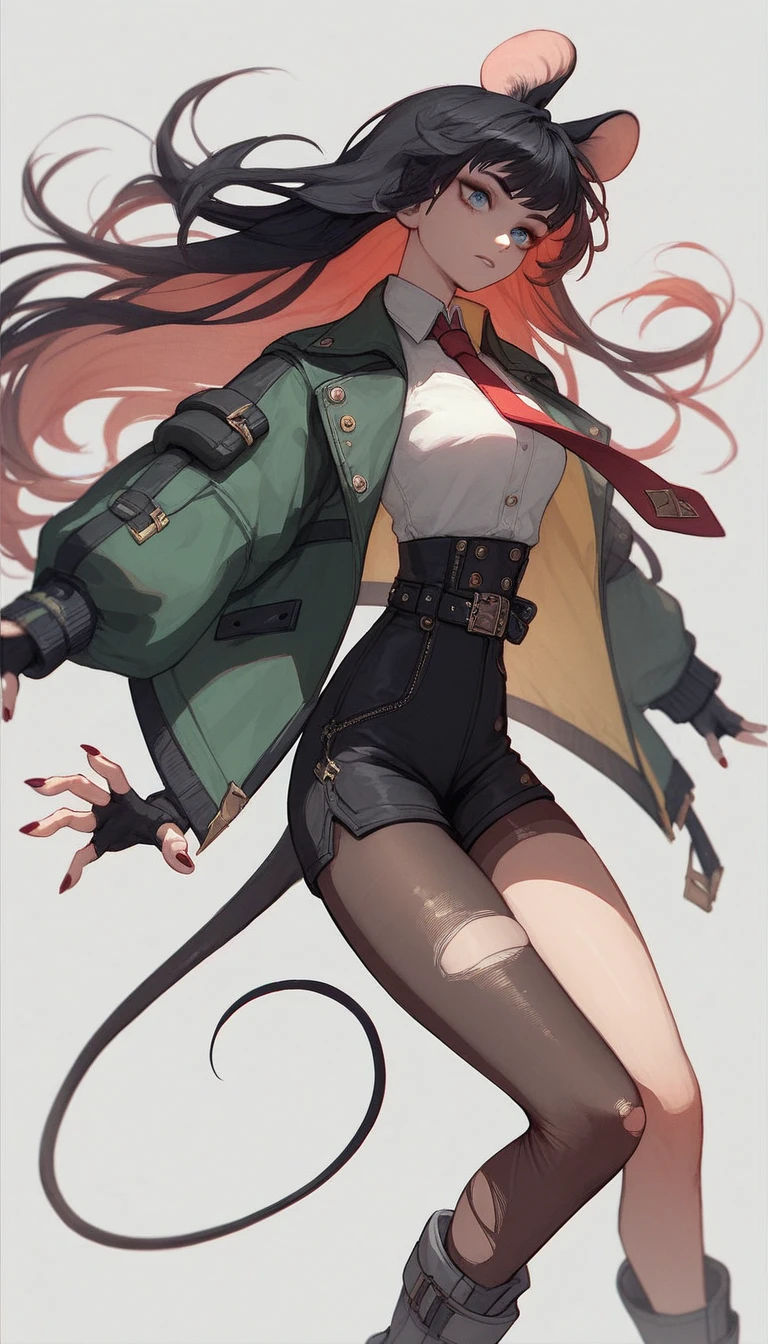 1girl, janedoe, bangs, black hair, blue eyes, red hair, long hair, mouse ears
fur-trimmed jacket, green jacket, long sleeves, red necktie, high-waist black shorts, belt, fingerless gloves, single leg pantyhose, torn pantyhose, torn thighhighs, grey boots
tail, red fingernails