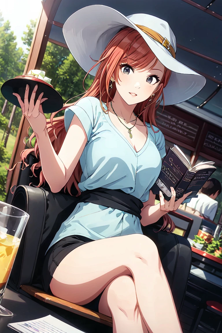 (masterpiece), arisugawa natsuha, long hair, orange hair, grey eyes, hat, 1girl, solo , jewelry, sitting, book, earrings, necklace, open book, menu, crossed legs, cup, holding, sun hat, shirt