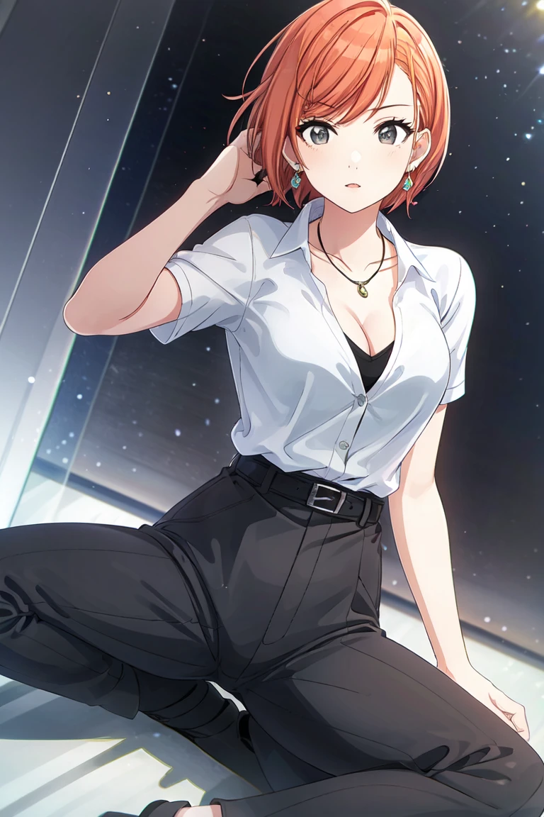 (masterpiece), arisugawa natsuha, long hair, orange hair, grey eyes, 1girl, solo, cleavage, shirt, pants, short hair, necklace, jewelry, white shirt, black pants, belt, earrings, looking at viewer, dutch angle