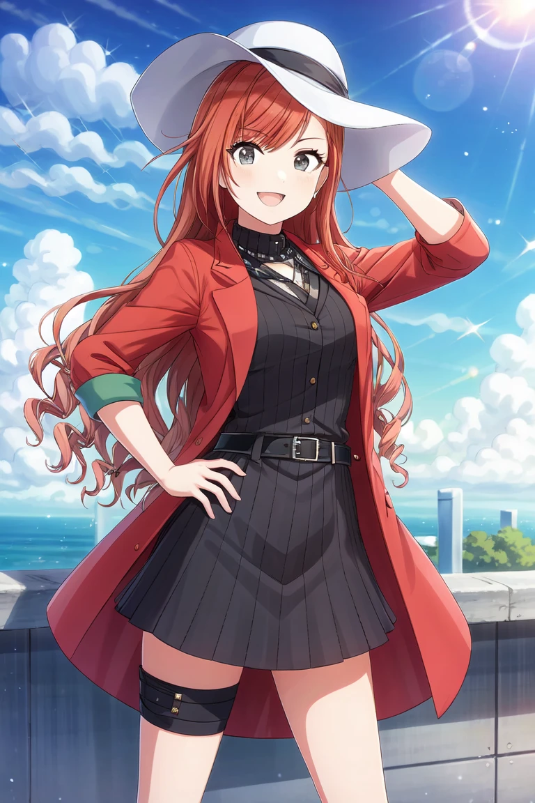 (masterpiece), arisugawa natsuha, long hair, orange hair, grey eyes, 1girl, solo, hat, skirt, coat, black skirt, red coat, looking at viewer, smile, belt, open mouth, white headwear, sun hat