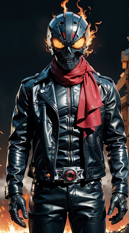 ((solo, kamen rider, shinkr, ghostrider, wearing leather jacket, leather pants, head painted like a skull skeleton)), (((burning head))), skull mask, mecha, (standing), full body detailed, detailed hands, good fingers, good hands, good legs, burning red scarf, low hood, ((epic burning city)), ruins, floating, explosion, debris, some fire and glitter background, ultra hd, ultra realistic texture, (flare lens:1.2), (long shot:0.9)