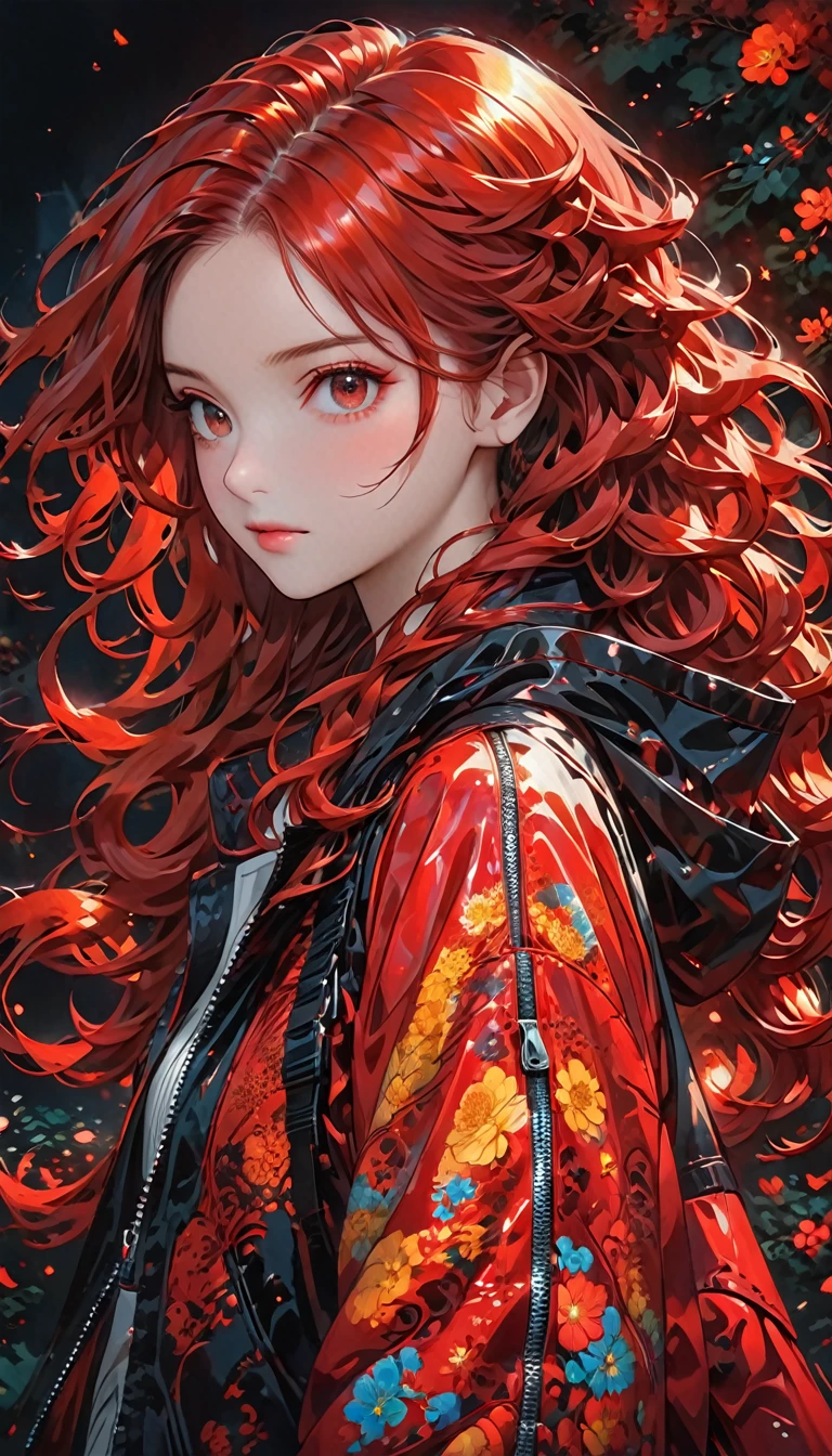 The image features a drawn character with long, wavy hair that has a striking red hue. The hair cascades down in voluminous, intricate curls. The character appears to be wearing a black, glossy material jacket with a zipper down the front, creating a contrast with the vibrant hair color. The background is dark, which further highlights the illuminated red hair. The overall mood of the image is dramatic and visually captivating.