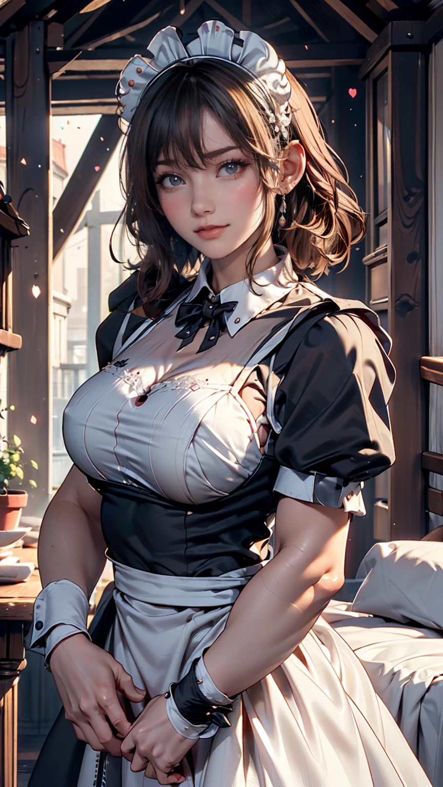 (( Beautiful Maid :1.5), high definition, Best Quality), I'm wearing maid clothes,Soft hands,  Big, Bright Eyes ,  dark and vibrant curl hair,  kind smile, Rosy Cheeks, Soft light,.  