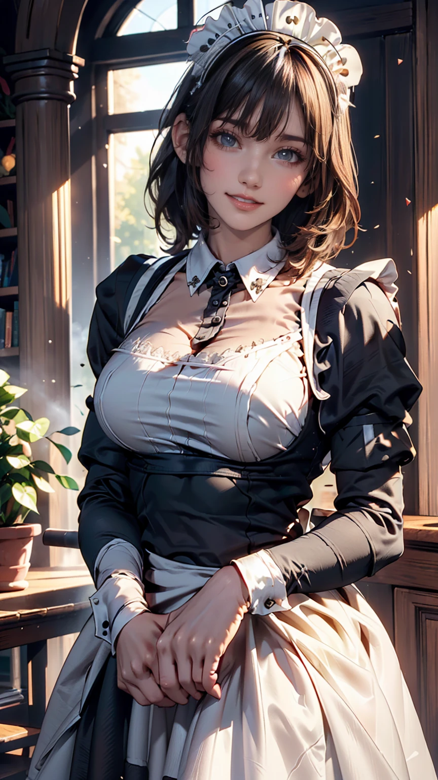 (( Beautiful Maid :1.5), high definition, Best Quality), I'm wearing maid clothes,Soft hands,  Big, Bright Eyes ,  dark and vibrant curl hair,  kind smile, Rosy Cheeks, Soft light,.  