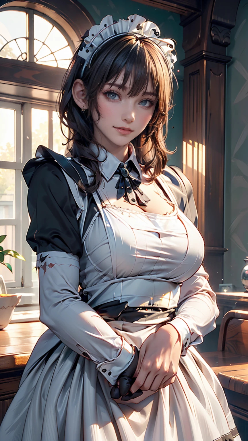 (( Beautiful Maid :1.5), high definition, Best Quality), I'm wearing maid clothes,Soft hands,  Big, Bright Eyes ,  dark and vibrant curl hair,  kind smile, Rosy Cheeks, Soft light,.  