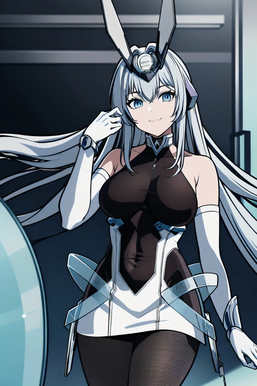 1girl, solo, facing viewer, looking at viewer, upper body, smile, AANJ, LONG HAIR, HAIR INTAKES, HEADGEAR, LARGE BREASTS, BARE SHOULDERS, COVERED COLLARBONE, BODYSTOCKING, WHITE DRESS, SLEEVELESS, ELBOW GLOVES, WHITE GLOVES, COVERED NAVEL, SIDE CUTOUT, PANTYHOSE