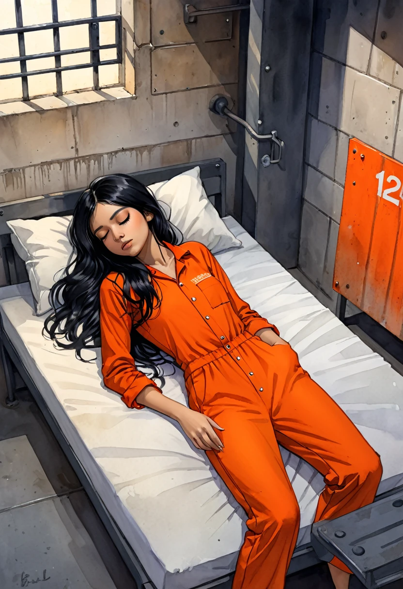 Masterpiece, ultra detailed, illustration, solo, 1girl, jenna_ortega_v4, Latina, long hair, black hair, thin and athletic, black eyes, wearing orange jumpsuit, art by Enki Bilal, watercolor, DeviantArt, high resolution, cellblock_v1, sleeping, Standard_Cell, cell_interior_perspective, Single_bed, night, dark, grunge, close-up portrait 