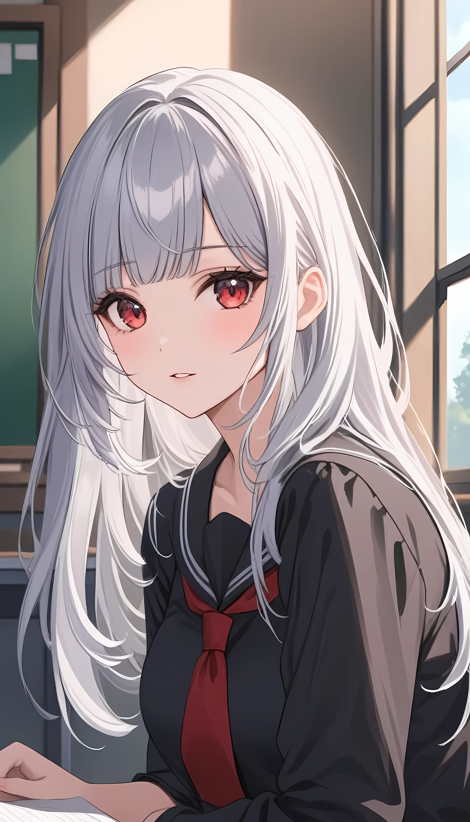 Ultra high resolution, rich colors, perfect image, top quality, detailed image, beautiful woman, glowing skin, texture of skin and clothes, delicate eyes, classroom, looking out the window, school uniform, black shirt, (((silver hair blunt bangs long hair))), red eyes