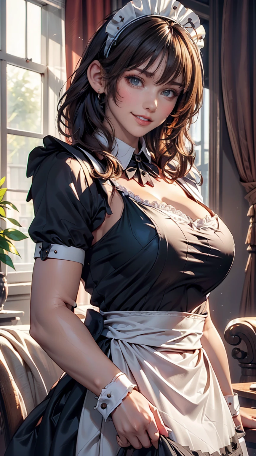 (( Beautiful Maid :1.5), high definition, Best Quality), I'm wearing maid clothes,Soft hands,  Big, Bright Eyes ,  dark and vibrant curl hair,  kind smile, Rosy Cheeks, Soft light,.  