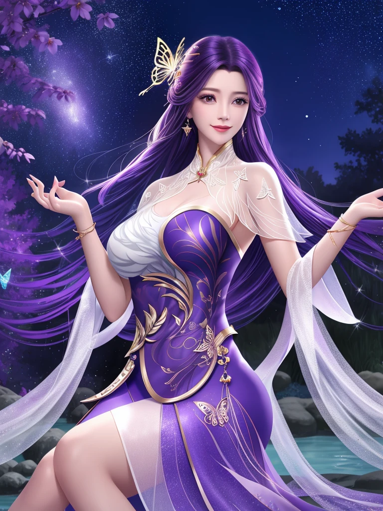 night，Starry Sky，Onsen Source ，sit on stone，，WMSJ Wunxi ,  1 girl, skirt, alone, butterfly hair accessories, long hair,  purple hair , jewelry,  Watched by the viewer, earrings, shawl, Shut up,前額jewelry, Feather coat,  Mature Women ,  hands placed on hips , Smile, sparkle effect, 