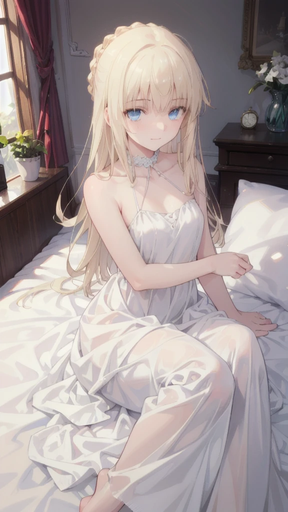  is very detailed, masterpiece,  best quality , solitary,  soft smile, Smile gently,  1 girl at home,  blue eyes,  long hair , blond, long blond, French Braid,  bangs, Full body headdress ,  strappy dress,  backless dress, Carnelian Pillow, dakimakura (medium),  lying in bed