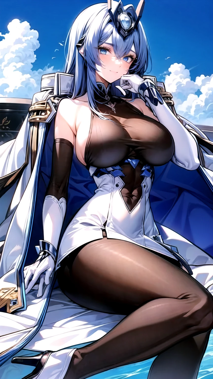 1girl, breasts, long hair, solo, gloves, very long hair, bodystocking, full body, white gloves, blue hair, coat, headgear, dress, coat on shoulders, pantyhose, high heels, white dress, bangs, sitting on chair, blue eyes, smile, white coat, elbow gloves, covered navel, open coat, hair between eyes,ussnewjersey, blue sky, sky background, clouds, water,