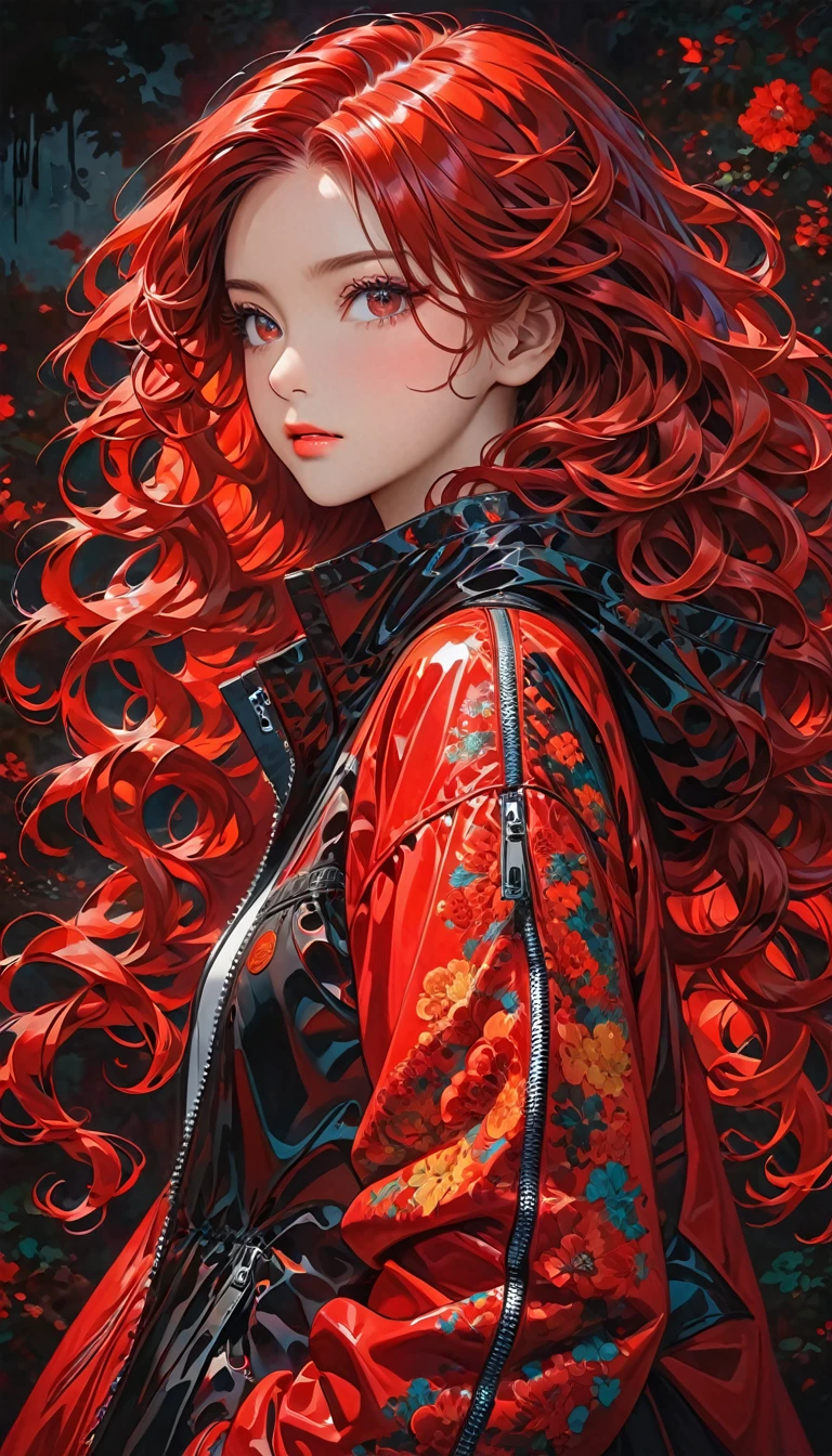 The image features a drawn character with long, wavy hair that has a striking red hue. The hair cascades down in voluminous, intricate curls. The character appears to be wearing a black, glossy material jacket with a zipper down the front, creating a contrast with the vibrant hair color. The background is dark, which further highlights the illuminated red hair. The overall mood of the image is dramatic and visually captivating.