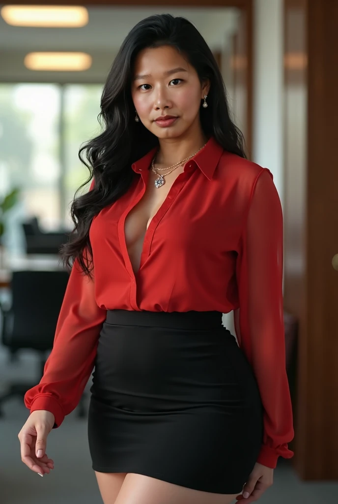 Foto hiperrealista in primer plano de,asian woman , masterpiece, best quality, (realistic: 1.4), full body, wearing red1 (yellow elegant long silk button-up shirt: 1.1), (red1 pencil skirt Movie:1.2), Wear a orange corset, Living room , light movie, beautiful woman, thin, big breasts,Twintail hairstyle, detailed face, smile, photographed from a distance.