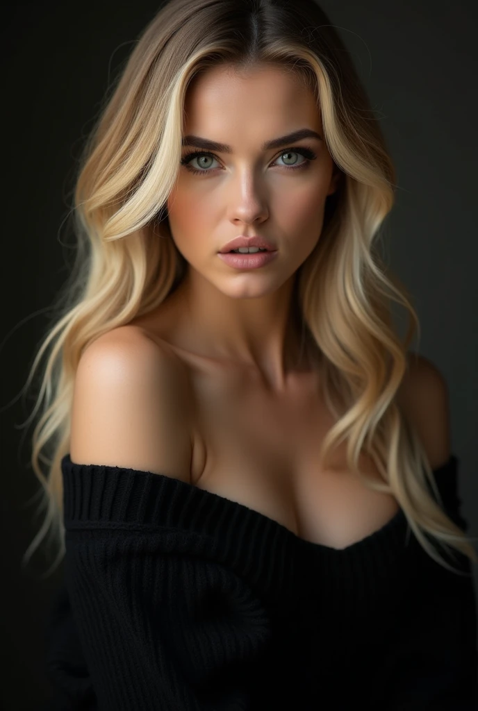 A dramatic, cinematic portrait of a 29-year-old woman, her beauty both ethereal and provocative. With long, flowing blonde hair and full, luscious lips, she gazes directly at the viewer, her expression both inviting and mysterious. Her bare shoulders and ample curves are accentuated by the simple, yet striking, black off-shoulder sweater.