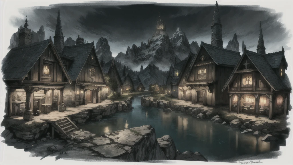 skyrim ,Fantasy, Skyrim Game ,magical world ,Skyrim styled village at night , landscape