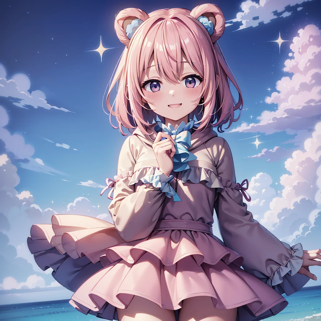 Chibi、cute、(((The best composition、Best Quality、 masterpiece、Super detailed、 high definition)))、teddy bear、 Digital Art Style 、 baby pink hair、cute瞳、Adorable smile、 Ezbian Everywhere、pure、 hoodie fashion、pure、cute、cute、teddy bear🧸、Fluffy、Rosy Cheeks、Flowers Shine 、Blue Sky、 Fantasy World 、written border depth_shallow