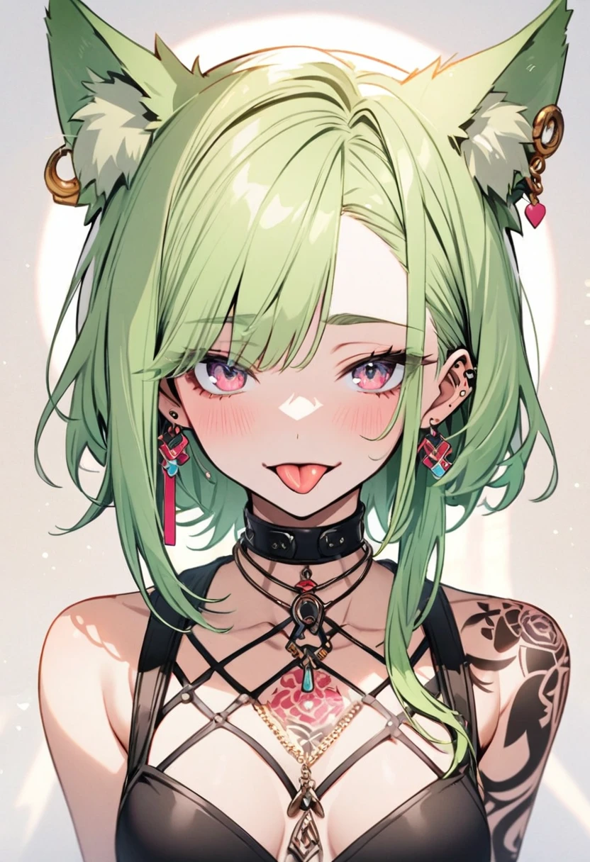 Light green hair, tongue，Gal， earrings for a woman alone，pink,  animal ears , tattoo