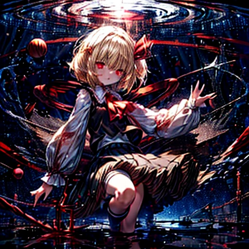 rumia, rumia, blonde hair, red eyes, hair ribbon, black vest, white shirt, long sleeves, black skirt, red ascot, sparkle, star \(symbol\), room, darkness, wariza, arms between legs, from below, wet, dry blood on the floor, lower body, 