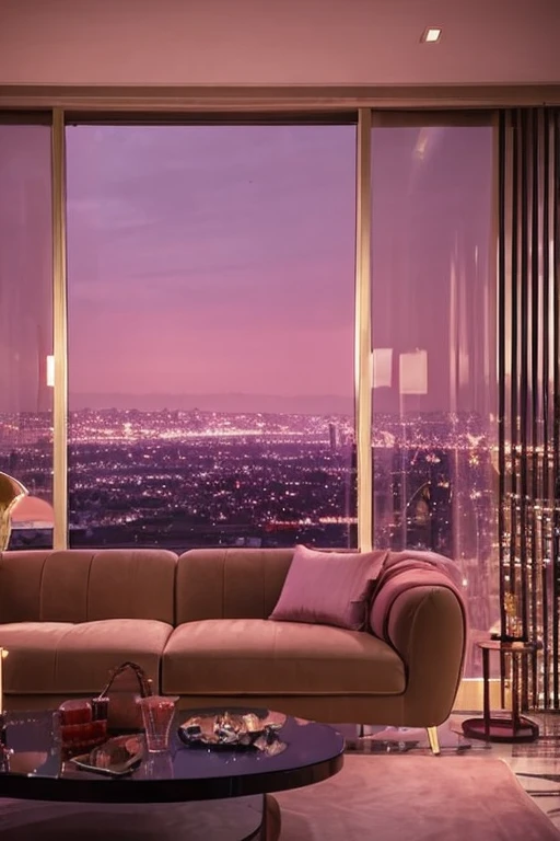 dreamy, luxurious living room with satin furniture at twilight with a view overlooking of a city. gradient of purples and pinks sky, enhancing the magical, serene atmosphere. 1980 retro film still, retrowave