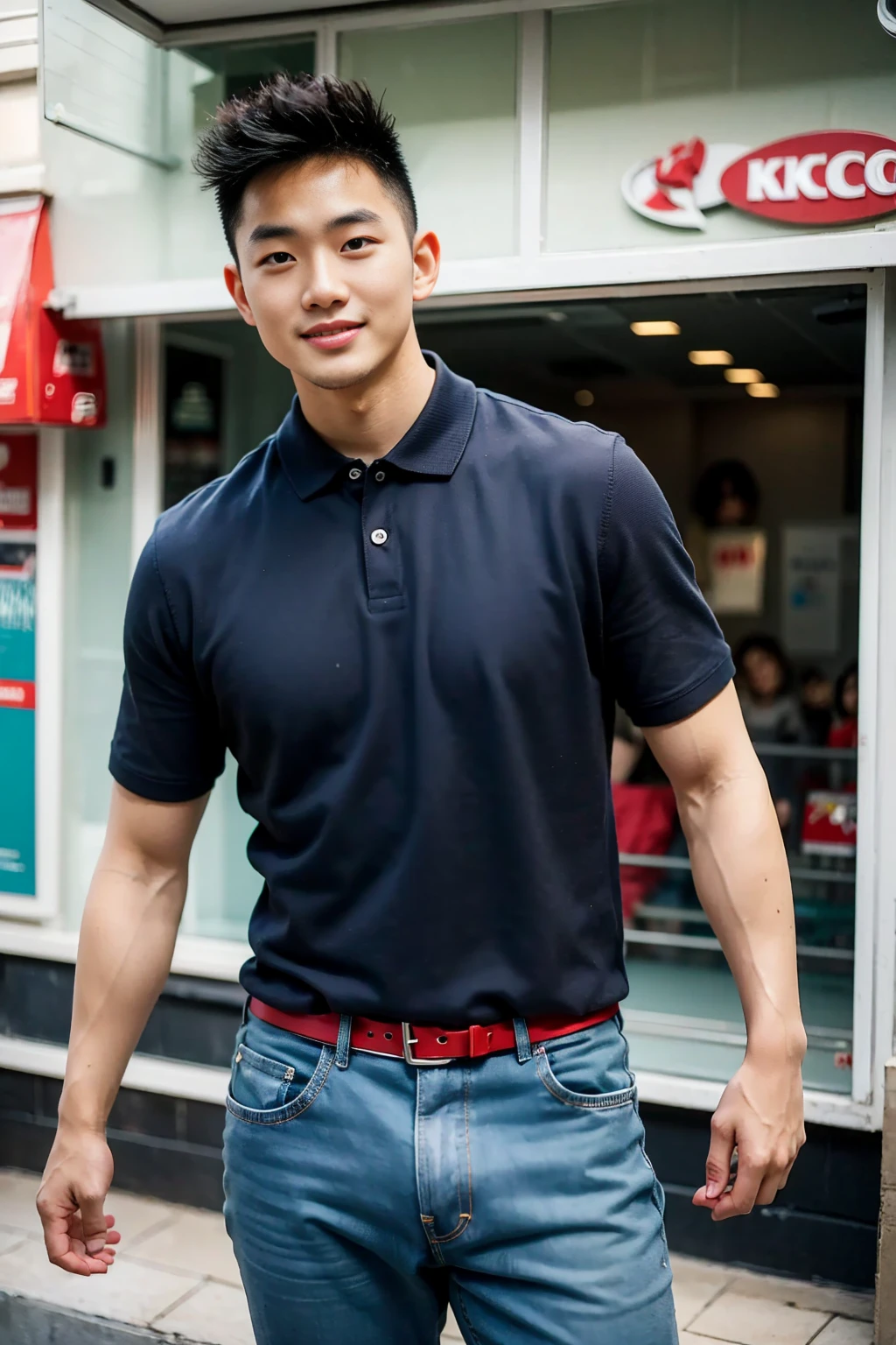 ((realistic daylight)) , Young Korean man in only a polo shirt, no stripes, and jeans., A handsome, muscular young Asian man looks at the camera.  , In the KFC store ,turn sideways, smile