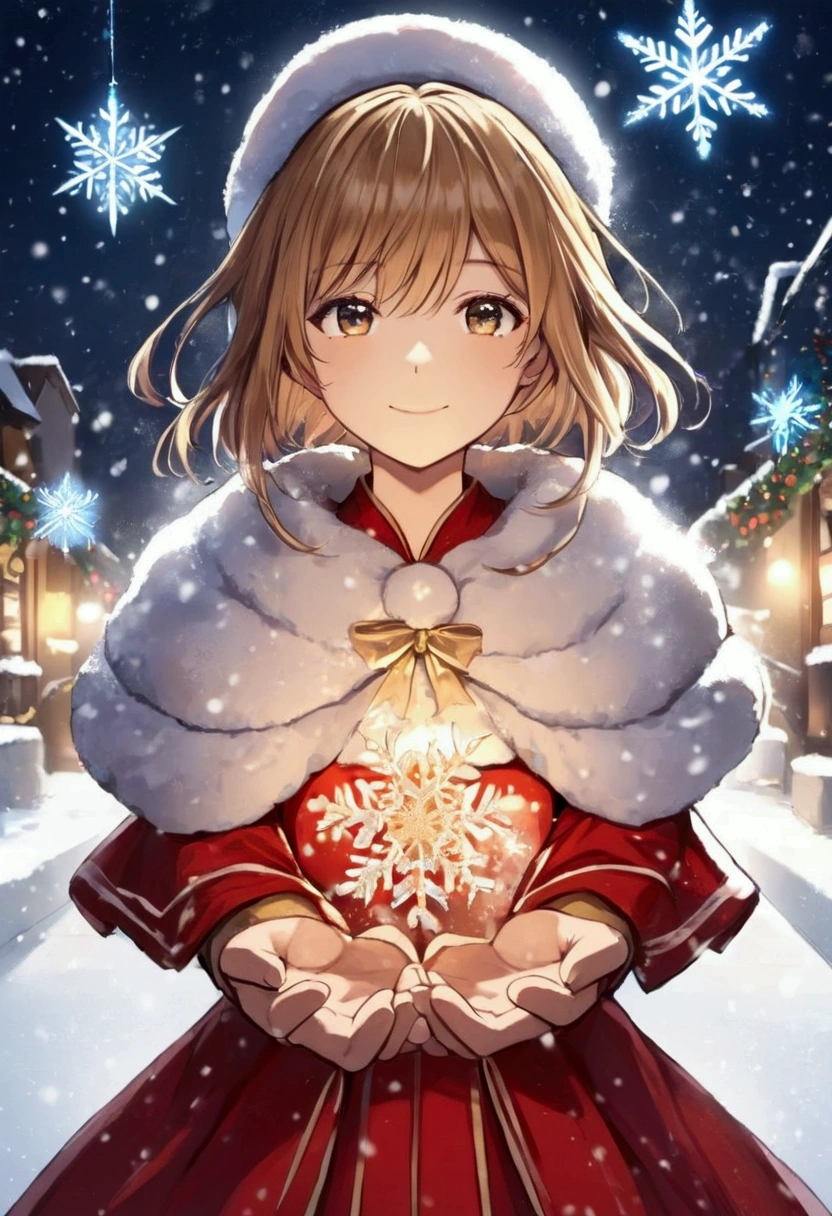 1 cute girl front view half body playing with snowflakes, christmas gown, snowing, outside, glowing