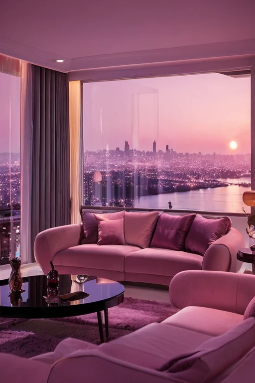 dreamy, luxurious living room with satin furniture at twilight with a view overlooking of a city. gradient of purples and pinks sky, enhancing the magical, serene atmosphere. 1980 retro film still, retrowave