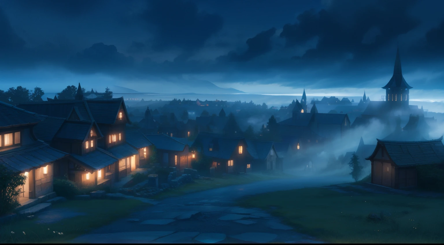 scenic background, anime style, fog, mist, medieval fantasy town, multiple houses, haunted forest, cobblestone paths, grass, low visibility, spooky mood, dark lightning, fog clouds, landscape illustration, misty weather, tranquil eerie landscape, silent hill fog, night time, phblue, scenery, blue theme, sword art online town
