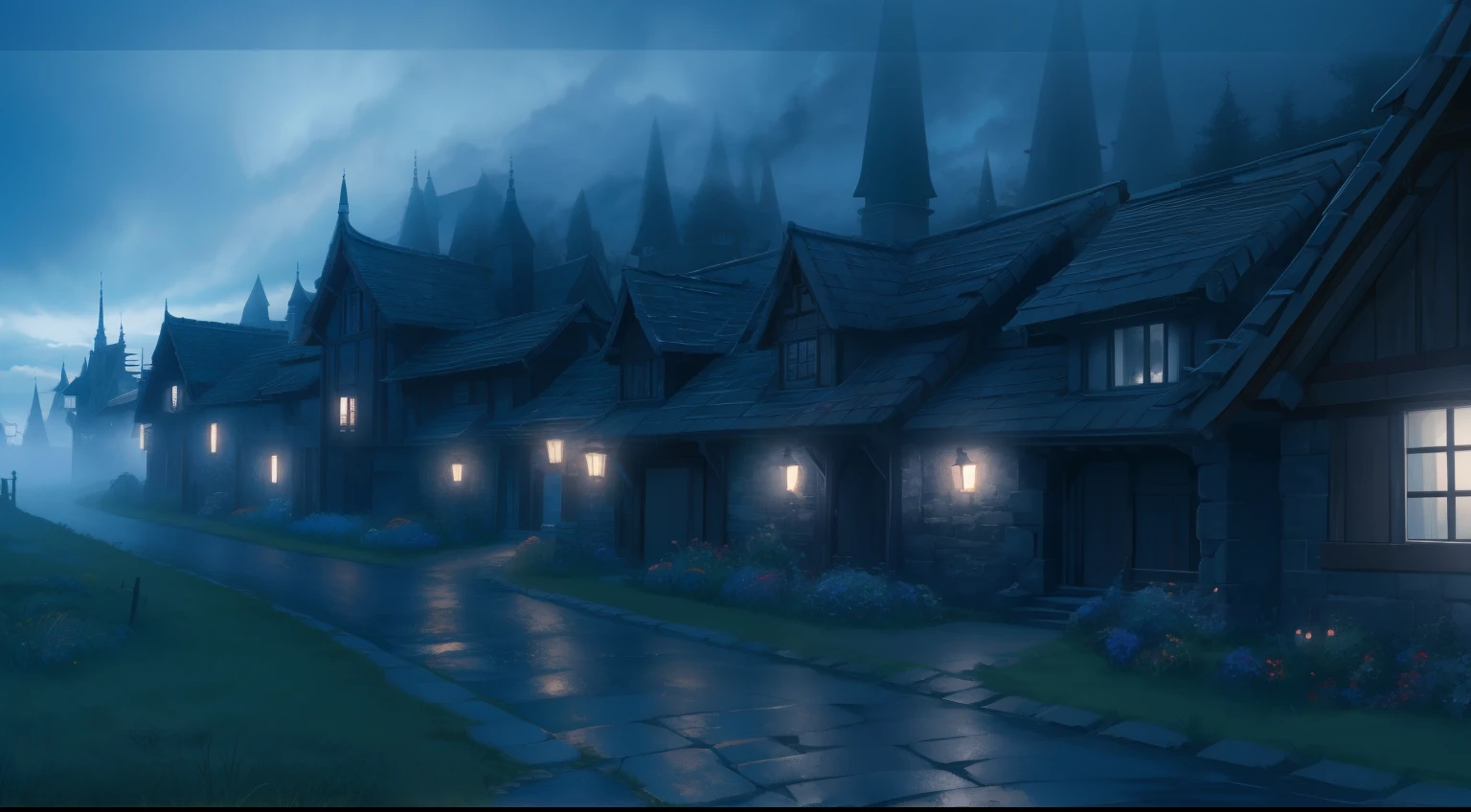 scenic background, anime style, fog, mist, medieval fantasy town, multiple houses, haunted forest, cobblestone paths, grass, low visibility, spooky mood, dark lightning, fog clouds, landscape illustration, misty weather, tranquil eerie landscape, silent hill fog, night time, phblue, scenery, blue theme, sword art online town
