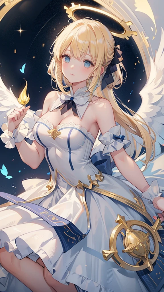 An angelic character with flowing blonde hair, Decorated with blue roses and gold.  She wears a delicate blue and white dress，Decorated with ruffles and ribbons. Her costume included a halo and huge white wings, Presenting celestial bodies. She strikes a graceful pose in mid-air，A hand gently reaches out. The background is a warm gradient, Suggests a heavenly or ethereal atmosphere. Soft and evenly distributed light, Enhance the Sacred Environment.