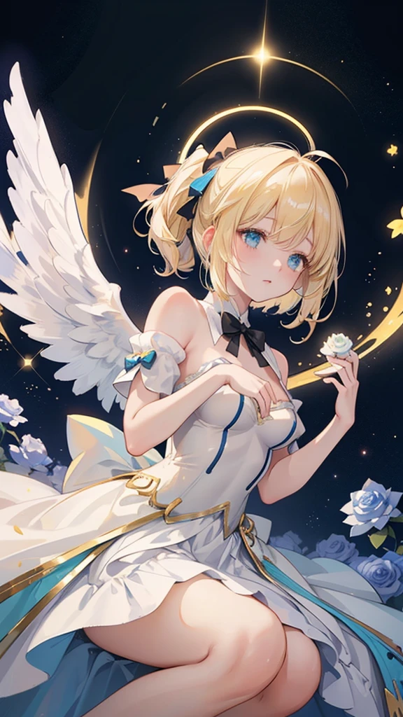 An angelic character with flowing blonde hair, Decorated with blue roses and gold.  She wears a delicate blue and white dress，Decorated with ruffles and ribbons. Her costume included a halo and huge white wings, Presenting celestial bodies. She strikes a graceful pose in mid-air，A hand gently reaches out. The background is a warm gradient, Suggests a heavenly or ethereal atmosphere. Soft and evenly distributed light, Enhance the Sacred Environment.