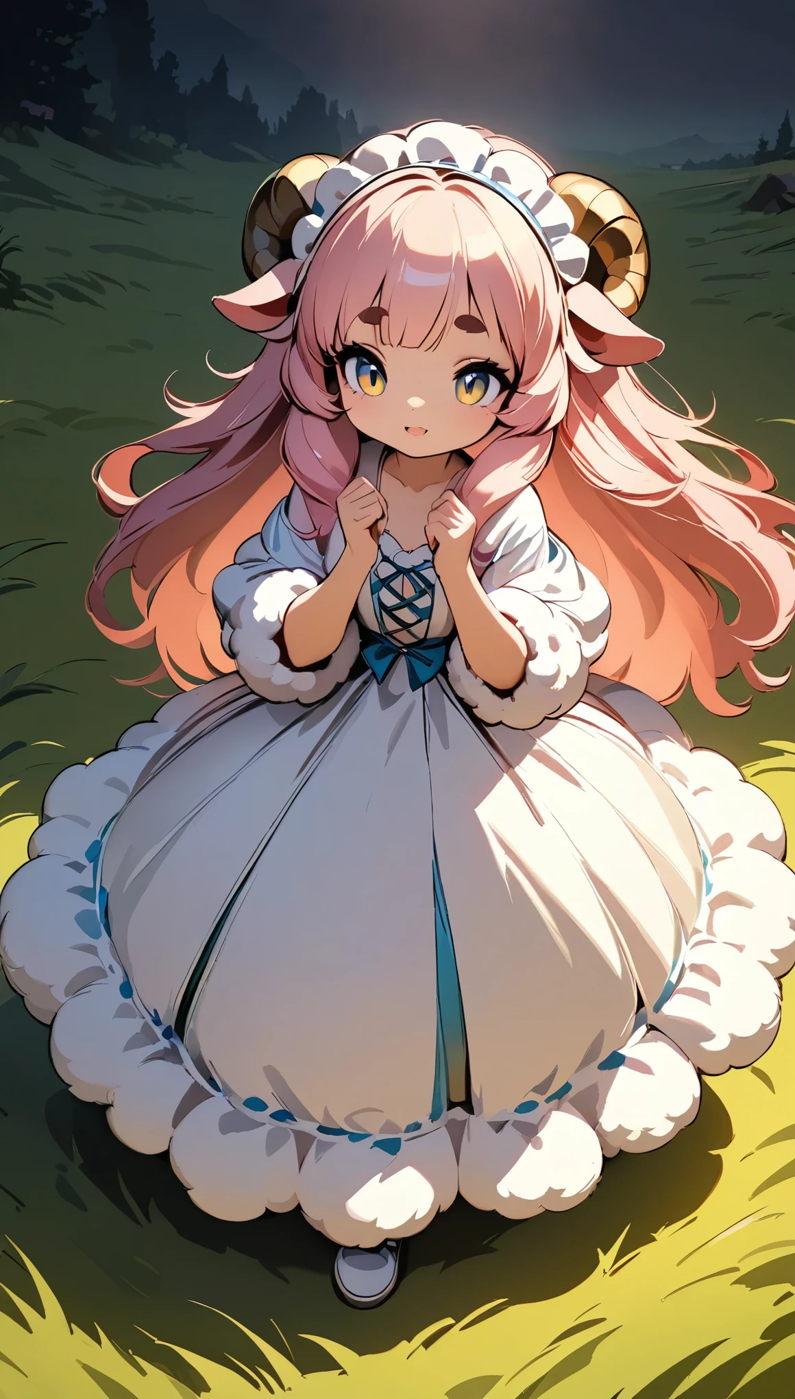  Woman in Fluffy Dress , 1 female, Sheep Lady, Cute Sheep , Fluffy Hair, Long Hair,  Sheepskin Hair , Pink Hair, Thick eyebrows, Big Eyes，Animal Ears ,  Big Ruffle Dress,  Headdress, White shoes, Full body view,  random pose, (((grassland:1.2, 広いgrassland))),  , Low head,  cinematic lighting , Impressive composition,  chiaroscuro , Detailed In-store Environment , (Best Quality, 8k,  very detailed,  Attention to Details , masterpiece:1.2)