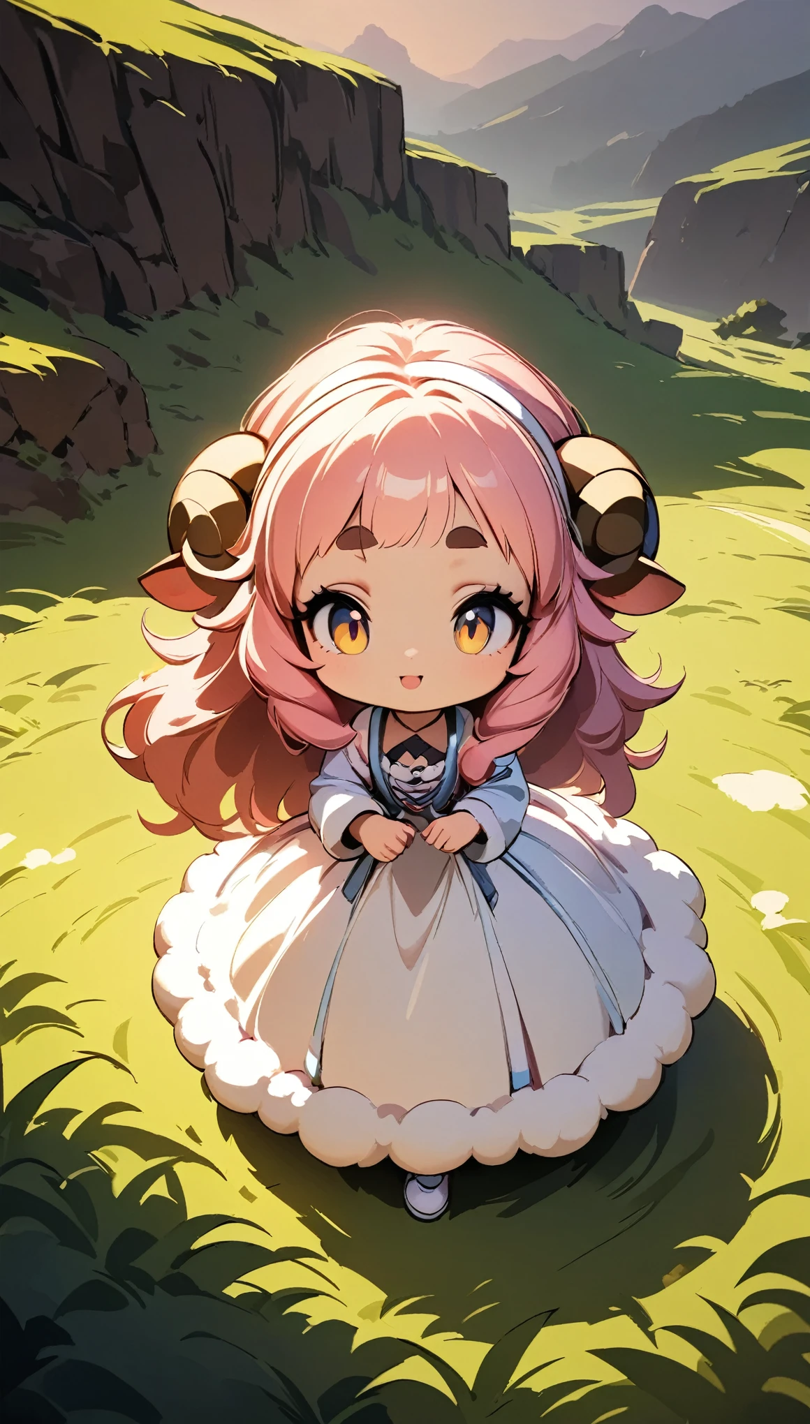  Woman in Fluffy Dress , 1 female, Sheep Lady, Cute Sheep , Fluffy Hair, Long Hair,  Sheepskin Hair , Pink Hair, Thick eyebrows, Big Eyes，Animal Ears ,  Big Ruffle Dress,  Headdress, White shoes, Full body view,  random pose, (((grassland:1.2, 広いgrassland))),  , Low head,  cinematic lighting , Impressive composition,  chiaroscuro , Detailed In-store Environment , (Best Quality, 8k,  very detailed,  Attention to Details , masterpiece:1.2)