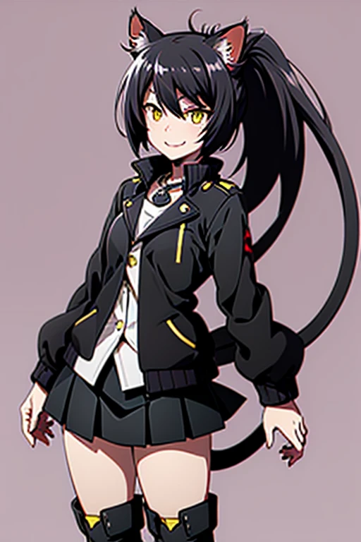 1 woman, Cat ears,  short black hair with ponytail, yellow eyes cats , black jacket, " short black skirt ", black cat tail ,black boots,  little cat smile . ( high quality , 4k).