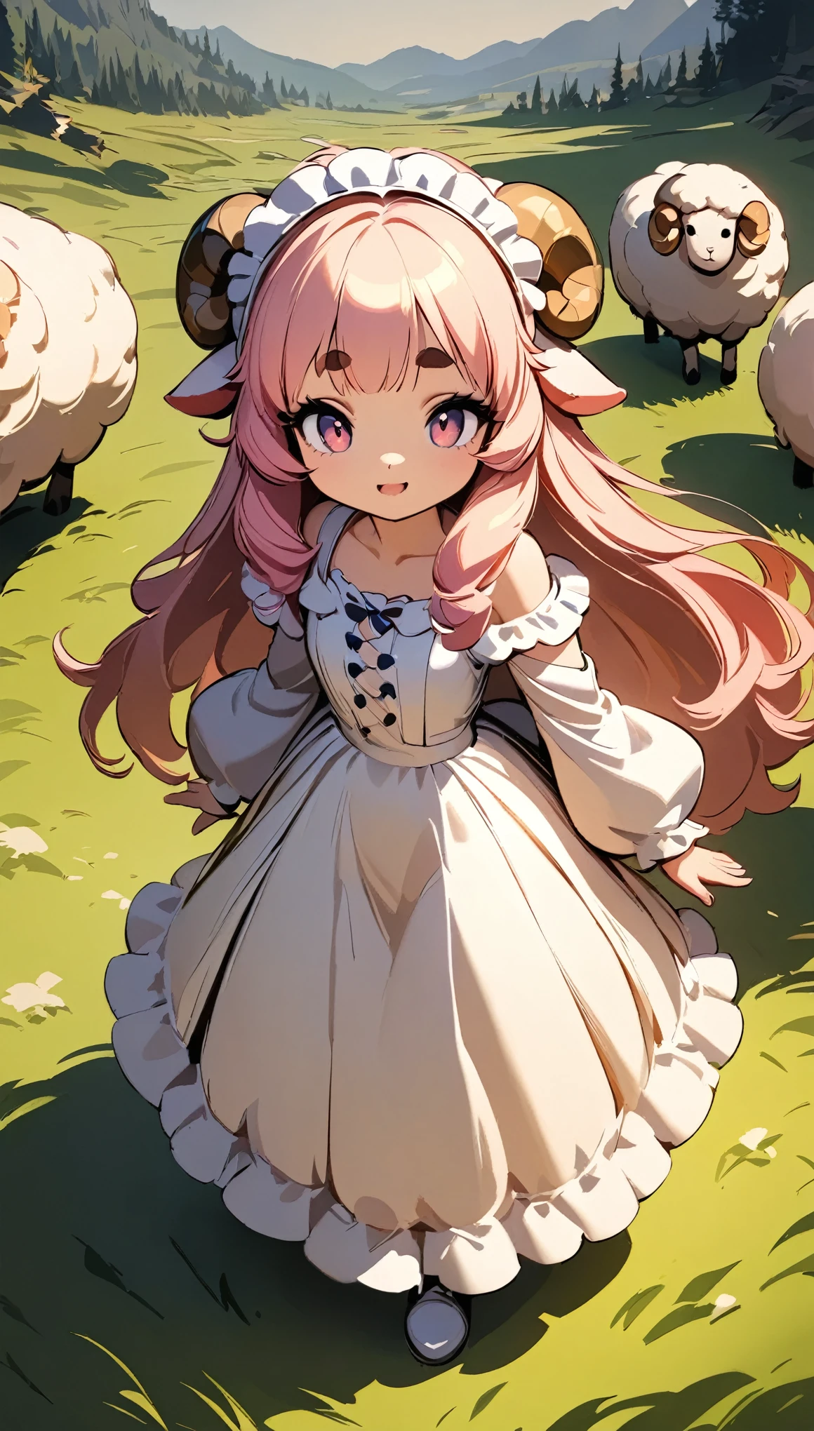  Woman in Fluffy Dress , 1 female, Sheep Lady, Cute Sheep , Fluffy Hair, Long Hair,  Sheepskin Hair , Pink Hair, Thick eyebrows, Big Eyes，Animal Ears ,  Big Ruffle Dress,  Headdress, White shoes, Full body view,  random pose, (((grassland:1.2, 広いgrassland))),  , Low head,  cinematic lighting , Impressive composition,  chiaroscuro , Detailed In-store Environment , (Best Quality, 8k,  very detailed,  Attention to Details , masterpiece:1.2)