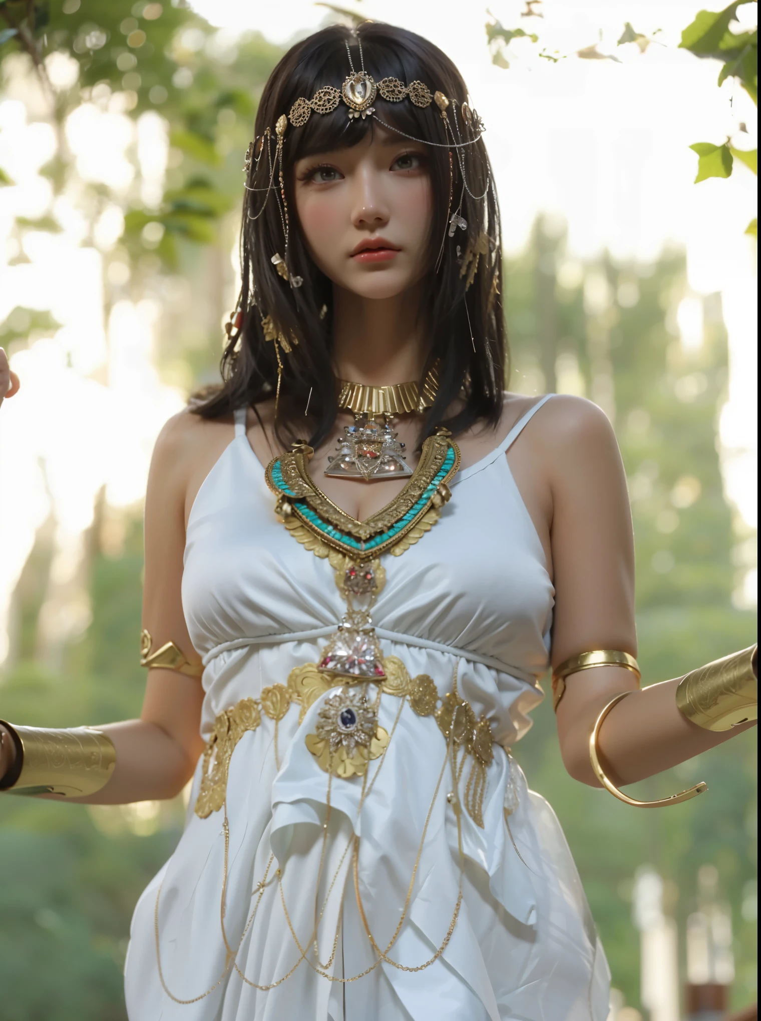 1 Cleopatra, Cleopatra headdress, Cleopatra necklace decoration, gorgeous gold color, Domineering expression, pyramid, night, wine, party, whole body, bokeh, Looking straight ahead and smiling. Surreal picture quality