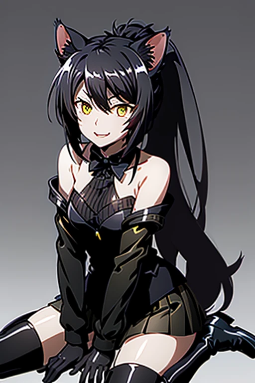 1 woman, Cat ears,  short black hair with ponytail, yellow eyes cats , black jacket, " short black skirt ", black cat tail ,black boots,  little cat smile .  long black tights ,( high quality , 4k),  black gloves.