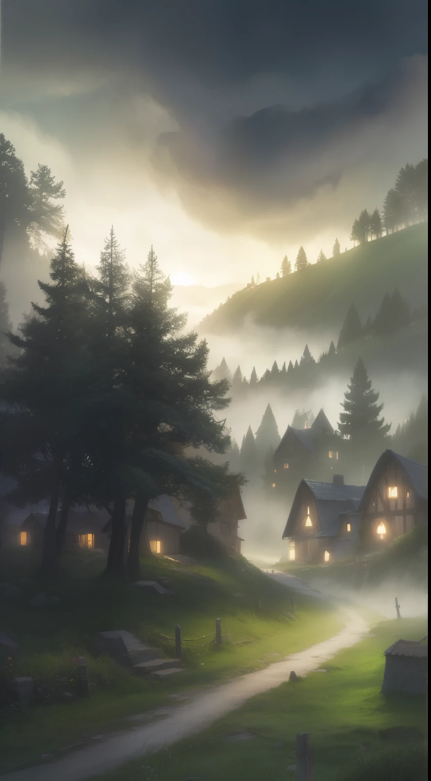 scenic background, anime style, fog, mist, medieval fantasy small village, forest, village on a hill, cobblestone paths, grass, grey skies, low visibility, spooky mood, dark lightning, fog clouds, landscape illustration, misty weather, tranquil eerie landscape, dark skies, night time
