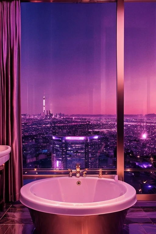 dreamy, luxurious bathroom with satin metallic furniture at twilight with a view overlooking of a city. gradient of purples and pinks sky, enhancing the magical, serene atmosphere. 1994 retro film still, retrowave