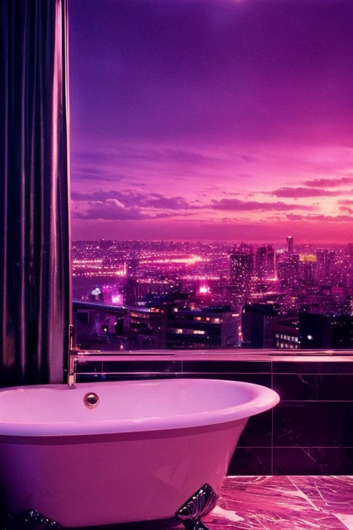 dreamy, luxurious bathroom with satin metallic furniture at twilight with a view overlooking of a city. gradient of purples and pinks sky, enhancing the magical, serene atmosphere. 1994 retro film still, retrowave