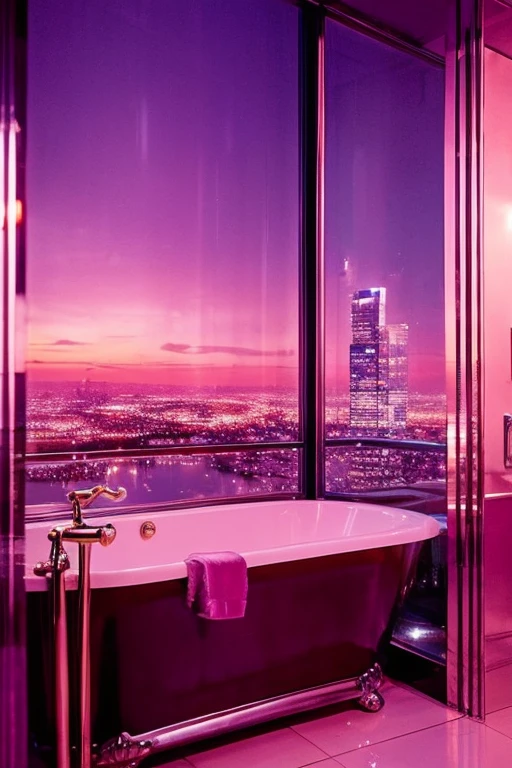 dreamy, luxurious bathroom with satin metallic furniture at twilight with a view overlooking of a city. gradient of purples and pinks sky, enhancing the magical, serene atmosphere. 1994 retro film still, retrowave