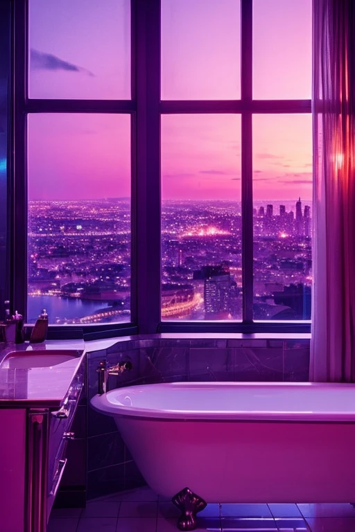 dreamy, luxurious bathroom with satin metallic furniture at twilight with a view overlooking of a city. gradient of purples and pinks sky, enhancing the magical, serene atmosphere. 1994 retro film still, retrowave