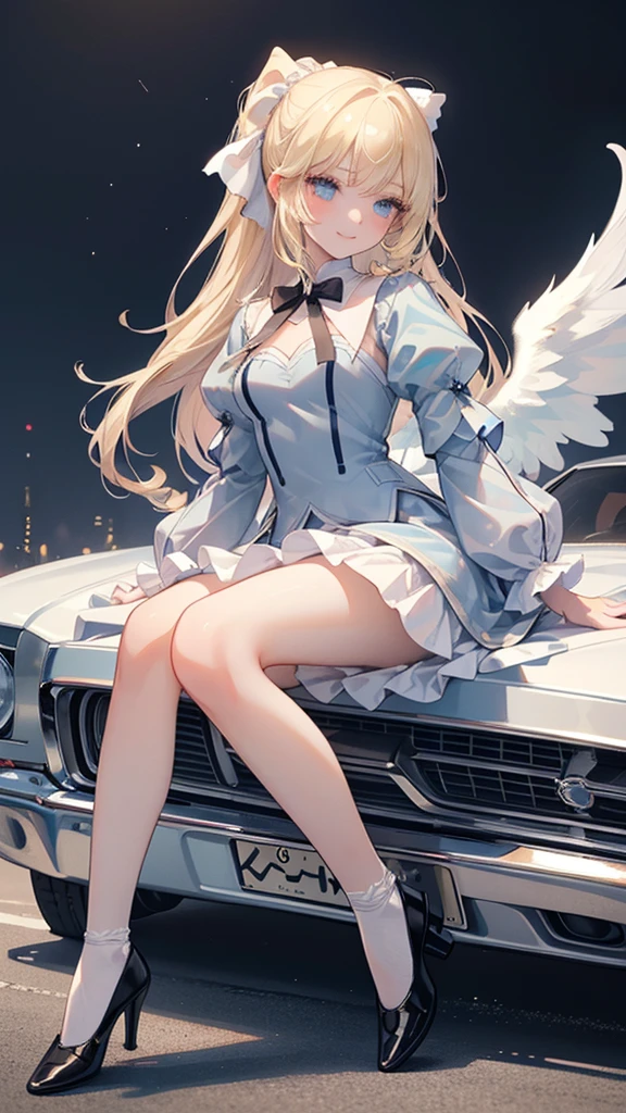 (masterpiece, Best quality:1.2), Extremely detailed, Fine Hair, Soft skin, 1 girl, solitary, eternal, Angel wings，blond hair, Long hair, Blue Eyes, Long eyelashes, Thick eyelashes, Smile， ta style pleated skirt, , Puff sleeves, Juliet sleeves, Long sleeve,White socks，Blue high heels，Get off the car