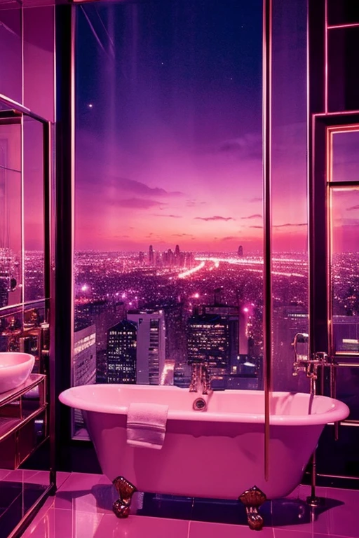 dreamy, luxurious bathroom with satin metallic furniture at twilight with a view overlooking of a city. gradient of purples and pinks sky, enhancing the magical, serene atmosphere. 1994 retro film still, retrowave