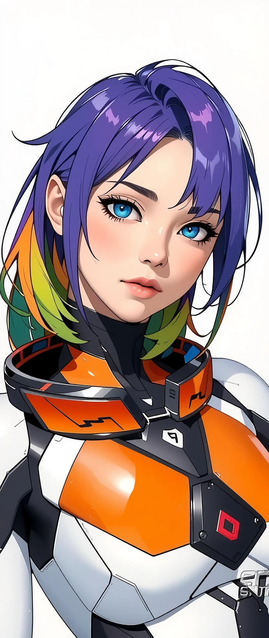 (masterpiece:1.2,Outstanding quality,Mirror finish, A Cinematic Experience ),16k, wallpaper, semi-realistic purple and green and orange hair,( cowboy shot:2.0), flat color ,Beautiful android woman with gray and white background , cyberpunk, Anime Artwork